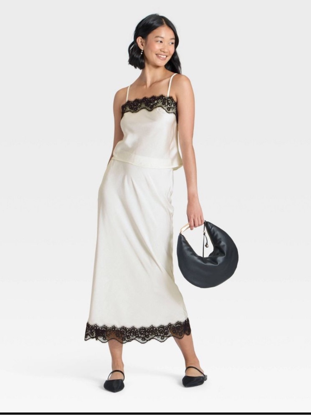 A new day satin with lace trim Maxi Skirt and Cami Set / Size: Large / White